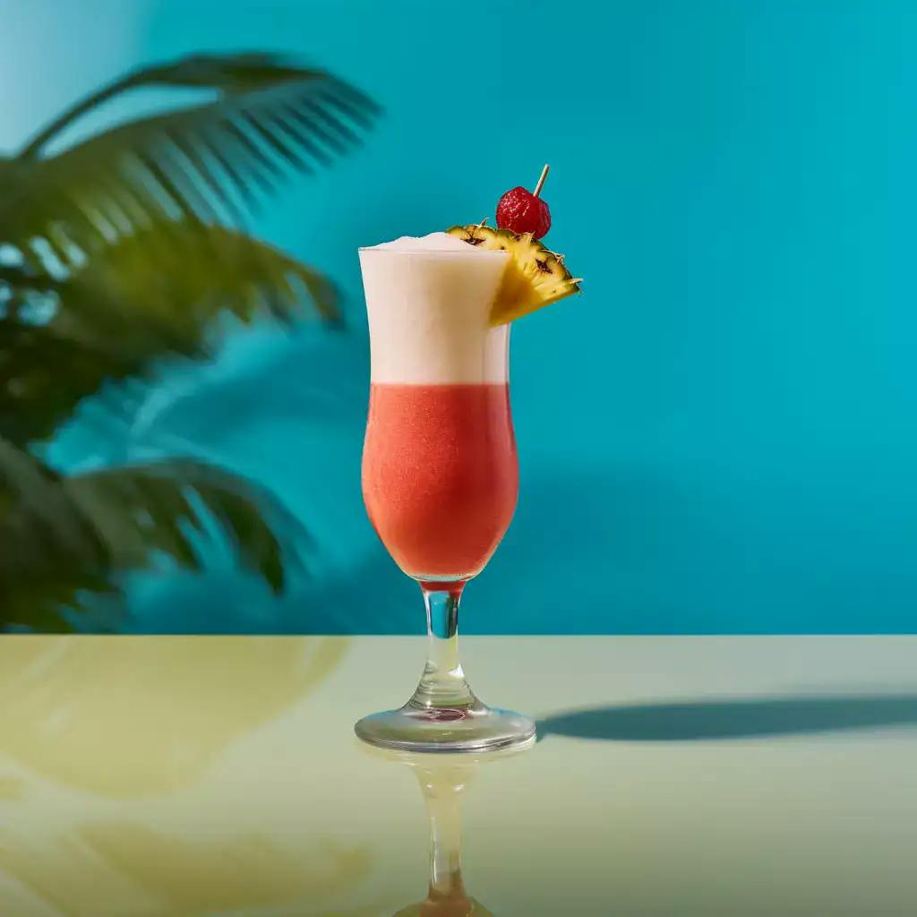 Miami Vice cocktail with red and creamy layers in a hurricane glass, with pineapple and strawberry garnishes